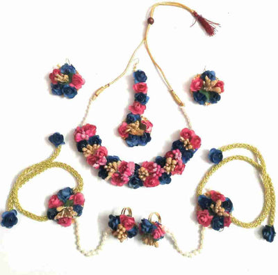 Lamansh Flower 🌺 Jewellery 1 Necklace, 2 Earrings ,1 Maangtika & 2 Bracelets Attached with Ring set / Pink-Blue LAMANSH® Handmade Flower Jewellery Set For Women & Girls / Haldi Set