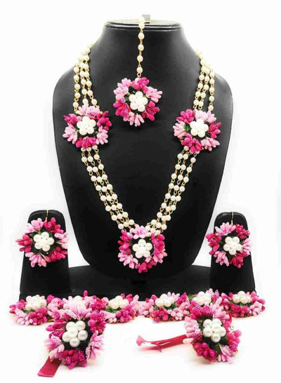 Lamansh Flower 🌺 Jewellery 1 Necklace, 2 Earrings ,1 Maangtika & 2 Bracelets Attached with Ring set / Pink LAMANSH® Handmade Flower Jewellery Set For Women & Girls / Haldi Set