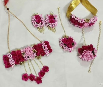 Lamansh Flower 🌺 Jewellery 1 Necklace, 2 Earrings ,1 Maangtika & 2 Bracelets Attached with Ring set / Pink-Red LAMANSH® Handmade Flower Jewellery Set For Women & Girls / Haldi Set