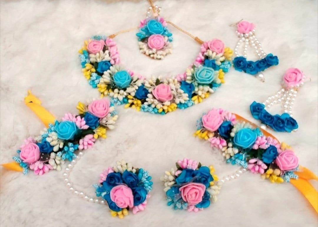 Lamansh Flower 🌺 Jewellery 1 Necklace, 2 Earrings ,1 Maangtika & 2 Bracelets Attached with Ring set / Pink-SkyBlue LAMANSH® Handmade Flower Jewellery Set For Women & Girls / Haldi Set