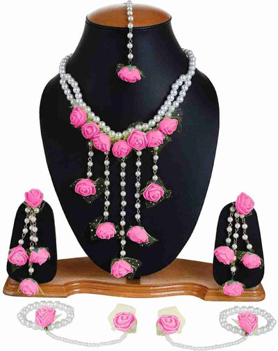 Lamansh Flower 🌺 Jewellery 1 Necklace, 2 Earrings ,1 Maangtika & 2 Bracelets Attached with Ring set / Pink-White LAMANSH® Handmade Flower Jewellery Set For Women & Girls / Haldi Set