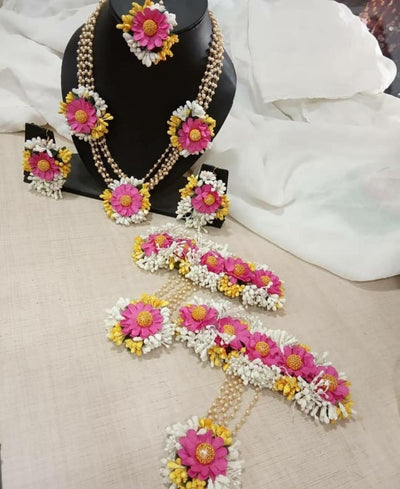 Lamansh Flower 🌺 Jewellery 1 Necklace, 2 Earrings ,1 Maangtika & 2 Bracelets Attached with Ring set / Pink-White-yellow LAMANSH® Handmade Flower Jewellery Set For Women & Girls / Haldi Set