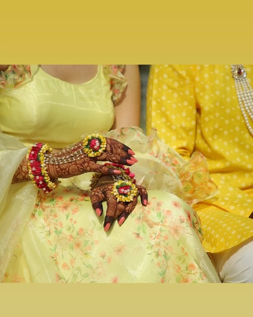 Lamansh Flower 🌺 Jewellery 1 Necklace, 2 Earrings ,1 Maangtika & 2 Bracelets Attached with Ring set / Pink-Yellow LAMANSH® Bridal 💛 Yellow-Pink Artificial Flower Jewellery set for Haldi ceremony