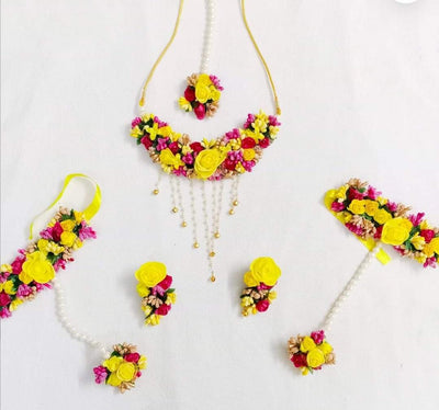 Lamansh Flower 🌺 Jewellery 1 Necklace, 2 Earrings ,1 Maangtika & 2 Bracelets Attached with Ring set / Pink-Yellow LAMANSH® Handmade Flower Jewellery Set For Women & Girls / Haldi Set