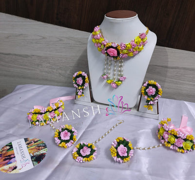 Lamansh Flower 🌺 Jewellery 1 Necklace, 2 Earrings ,1 Maangtika & 2 Bracelets Attached with Ring set / Pink- yellow LAMANSH® Handmade Flower Jewellery Set For Women & Girls / Haldi Set