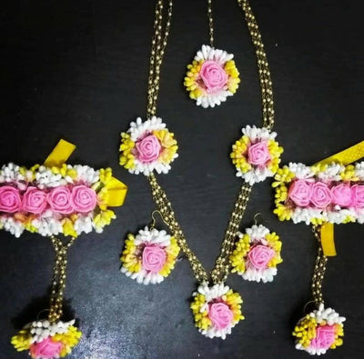Lamansh Flower 🌺 Jewellery 1 Necklace, 2 Earrings ,1 Maangtika & 2 Bracelets Attached with Ring set / Pink-Yellow-White LAMANSH® Handmade Flower Jewellery Set For Women & Girls / Haldi Set
