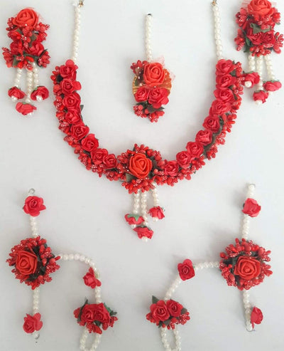 Lamansh Flower 🌺 Jewellery 1 Necklace, 2 Earrings ,1 Maangtika & 2 Bracelets attached with ring set / Red LAMANSH® Handmade Flower Jewellery Set For Women & Girls / Haldi Set