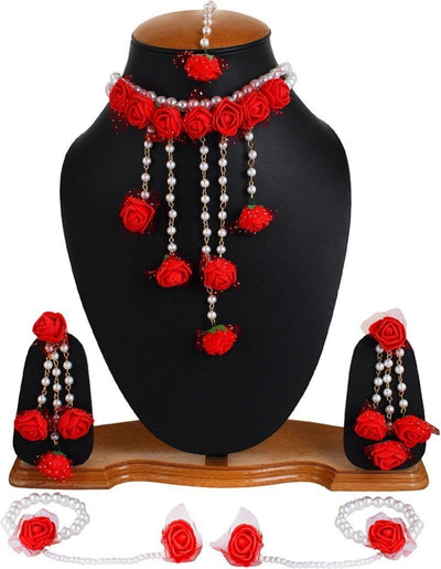 Lamansh Flower 🌺 Jewellery 1 Necklace, 2 Earrings ,1 Maangtika & 2 Bracelets Attached with Ring set / Red LAMANSH® Handmade Flower Jewellery Set For Women & Girls / Haldi Set