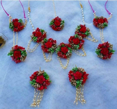 Lamansh Flower 🌺 Jewellery 1 Necklace, 2 Earrings ,1 Maangtika & 2 Bracelets Attached with Ring set / Red - Sea Green LAMANSH® Handmade Flower Jewellery Set For Women & Girls / Haldi Set