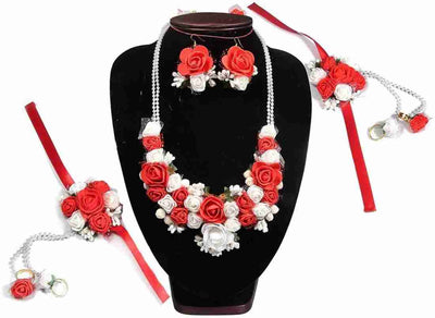 Lamansh Flower 🌺 Jewellery 1 Necklace, 2 Earrings ,1 Maangtika & 2 Bracelets Attached with Ring set / Red-White LAMANSH® Handmade Flower Jewellery Set For Women & Girls / Haldi Set