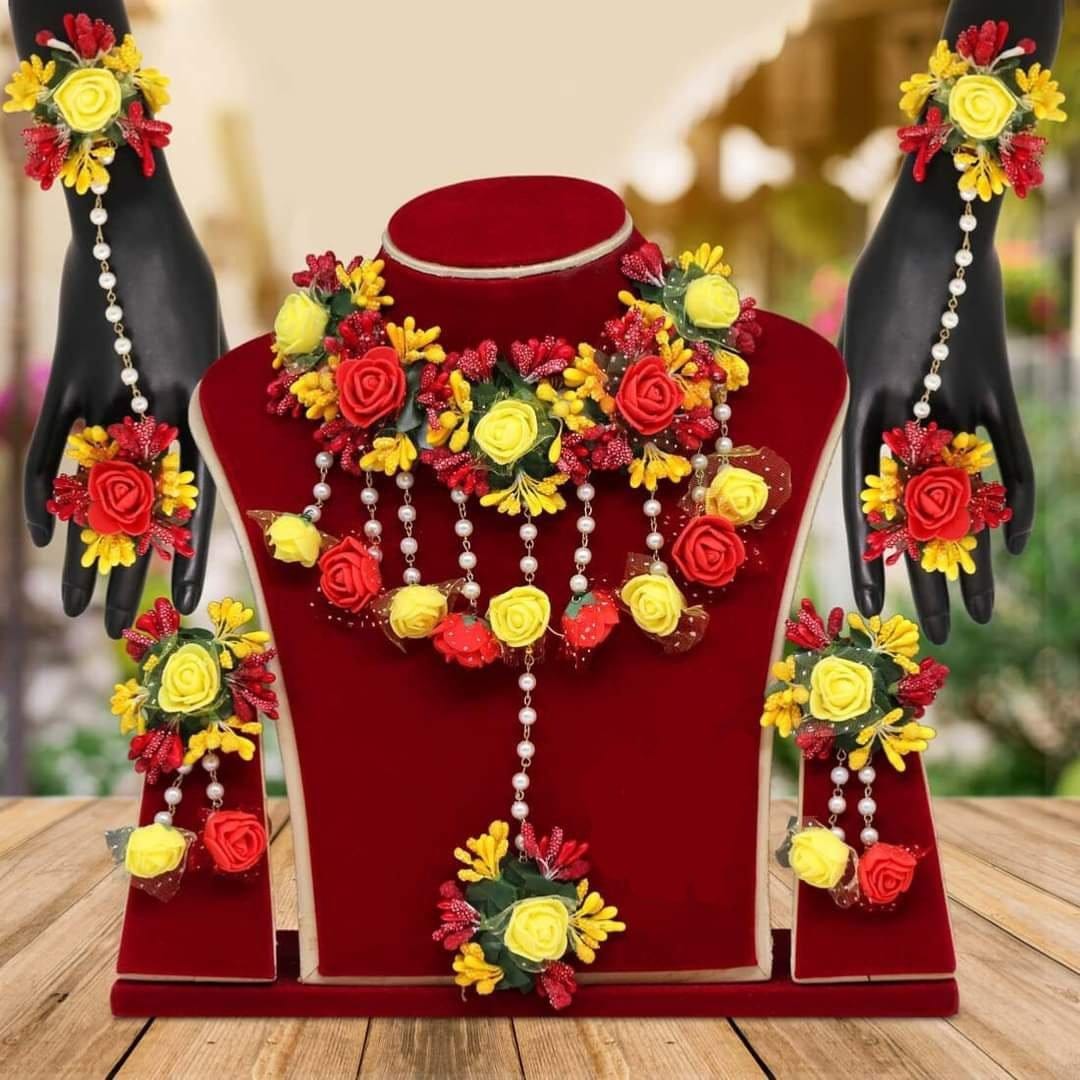 Lamansh Flower 🌺 Jewellery 1 Necklace, 2 Earrings ,1 Maangtika & 2 Bracelets Attached with Ring set / Red-Yellow LAMANSH® Handmade Flower Jewellery Set For Women & Girls / Haldi Set