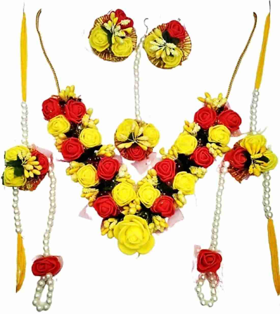 Lamansh Flower 🌺 Jewellery 1 Necklace, 2 Earrings ,1 Maangtika & 2 Bracelets Attached with Ring set / Red-Yellow LAMANSH® Handmade Flower Jewellery Set For Women & Girls / Haldi Set
