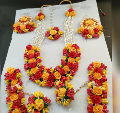 Lamansh Flower 🌺 Jewellery 1 Necklace, 2 Earrings ,1 Maangtika & 2 Bracelets attached with ring set / Red-Yellow LAMANSH® Handmade Flower Jewellery Set For Women & Girls / Haldi Set