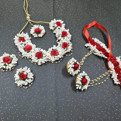 Lamansh Flower 🌺 Jewellery 1 Necklace, 2 Earrings ,1 Maangtika & 2 Bracelets Attached with Ring set / White-Red LAMANSH® Handmade Flower Jewellery Set For Women & Girls / Haldi Set