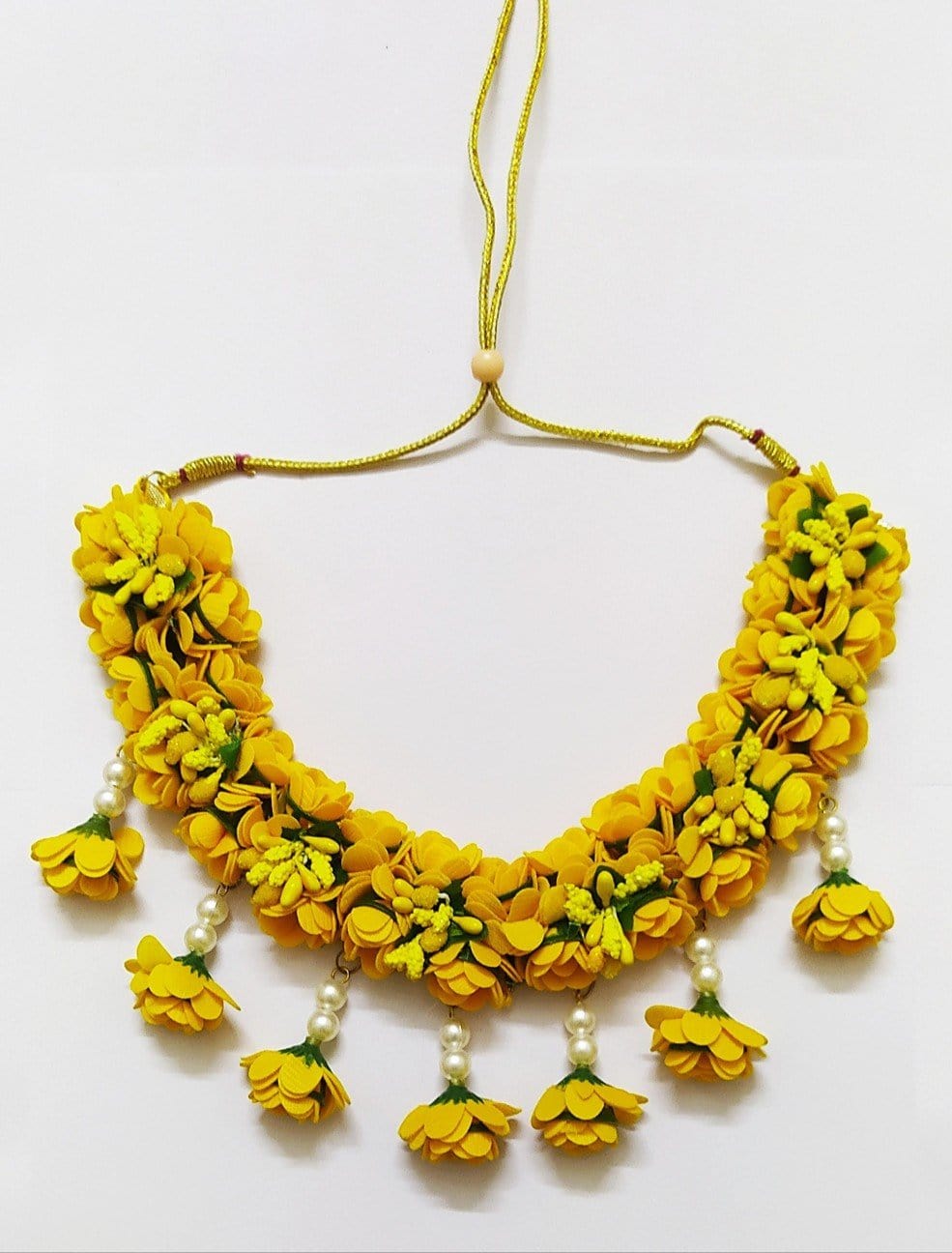 Lamansh Flower 🌺 Jewellery 1 Necklace, 2 Earrings ,1 Maangtika & 2 Bracelets Attached with Ring set / Yellow LAMANSH® Handmade Flower Jewellery Set For Women & Girls / Haldi Set