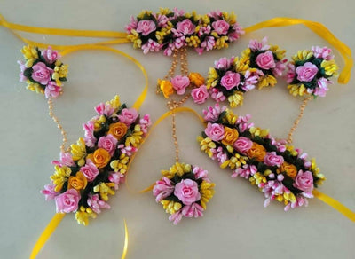 Lamansh Flower 🌺 Jewellery 1 Necklace, 2 Earrings ,1 Maangtika & 2 Bracelets attached with ring set / Yellow-pink-orange LAMANSH® Handmade Flower Jewellery Set For Women & Girls / Haldi Set