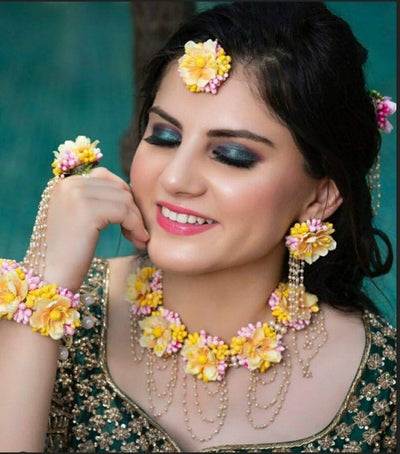 Yellow pink Flower Jewellery set For Haldi Mehndi 