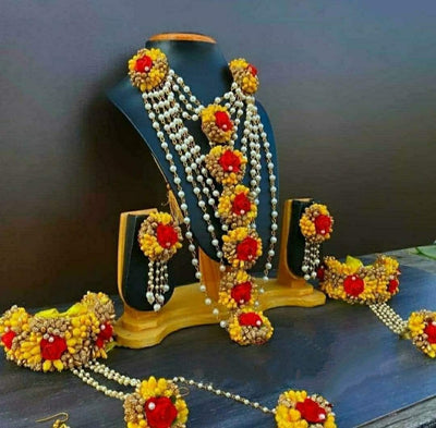 Lamansh Flower🌺🌻🌹🌷 jewellery 1 Necklace, 2 Earrings, 1 Maangtika & 2 Bracelets attached with rings set / Yellow-Red LAMANSH® Handmade Flower Jewellery Set For Women & Girls / Multi Layered Necklace Haldi Set