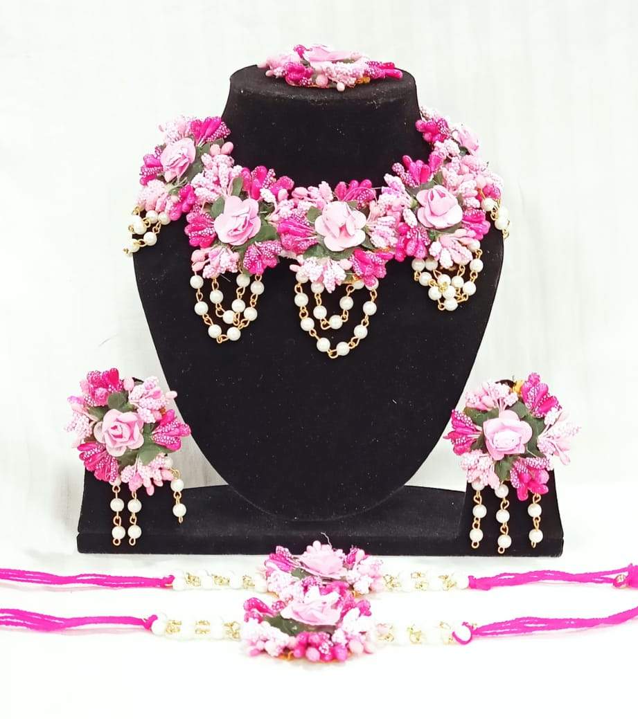 Lamansh Flower 🌺 Jewellery 1 Necklace, 2 Earrings ,1 Maangtika & 2 Bracelets / Pink LAMANSH® Handmade Flower Jewellery Set For Women & Girls / Haldi Set