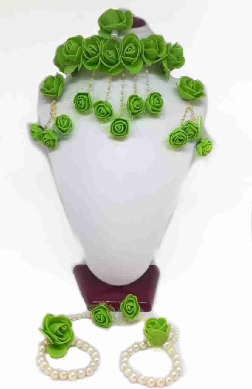 Lamansh Flower 🌺 Jewellery 1 Necklace, 2 Earrings ,1 Maangtika & 2 Bracelets set / Green LAMANSH® Handmade Flower Jewellery Set For Women & Girls / Haldi Set