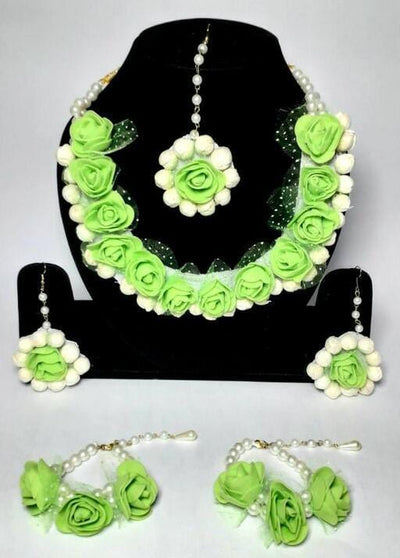 Lamansh Flower 🌺 Jewellery 1 Necklace, 2 Earrings ,1 Maangtika & 2 Bracelets set / Green-White LAMANSH® Handmade Flower Jewellery Set For Women & Girls / Haldi Set