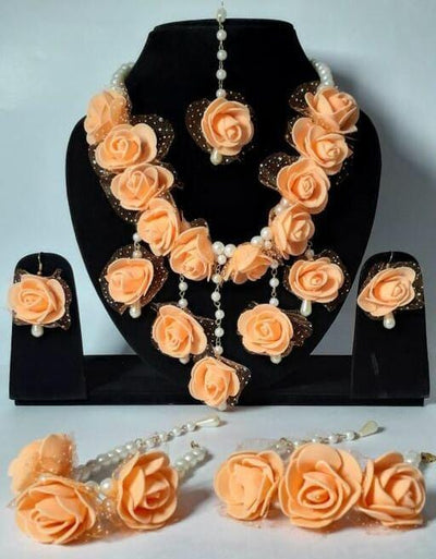 Lamansh Flower 🌺 Jewellery 1 Necklace, 2 Earrings ,1 Maangtika & 2 Bracelets set / Peach LAMANSH® Handmade Flower Jewellery Set For Women & Girls / Haldi Set