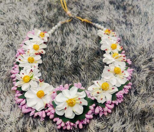 Lamansh Flower 🌺 Jewellery 1 Necklace, 2 Earrings ,1 Maangtika & 2 Bracelets set / Pink-White LAMANSH® Handmade Flower Jewellery Set For Women & Girls / Haldi Set