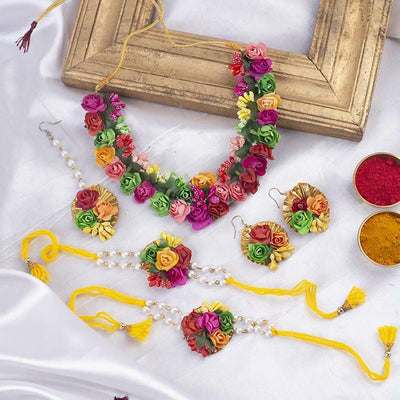 Lamansh Flower 🌺 Jewellery 1 Necklace, 2 Earrings ,1 Maangtika & 2 Bracelets set / Rainbow 🌈 LAMANSH® Handmade Flower Jewellery Set For Women & Girls / Special Flower Haldi Set