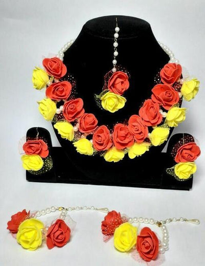 Lamansh Flower 🌺 Jewellery 1 Necklace, 2 Earrings ,1 Maangtika & 2 Bracelets set / Red-Yellow LAMANSH® Handmade Flower Jewellery Set For Women & Girls / Haldi Set