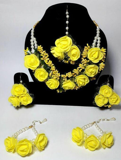 Lamansh Flower 🌺 Jewellery 1 Necklace, 2 Earrings ,1 Maangtika & 2 Bracelets set / Yellow LAMANSH® Handmade Flower Jewellery Set For Women & Girls / Haldi Set