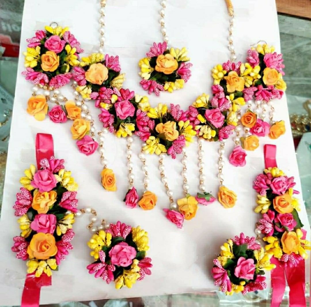 Yellow Red Haldi Mehandi Flower Jewellery set 