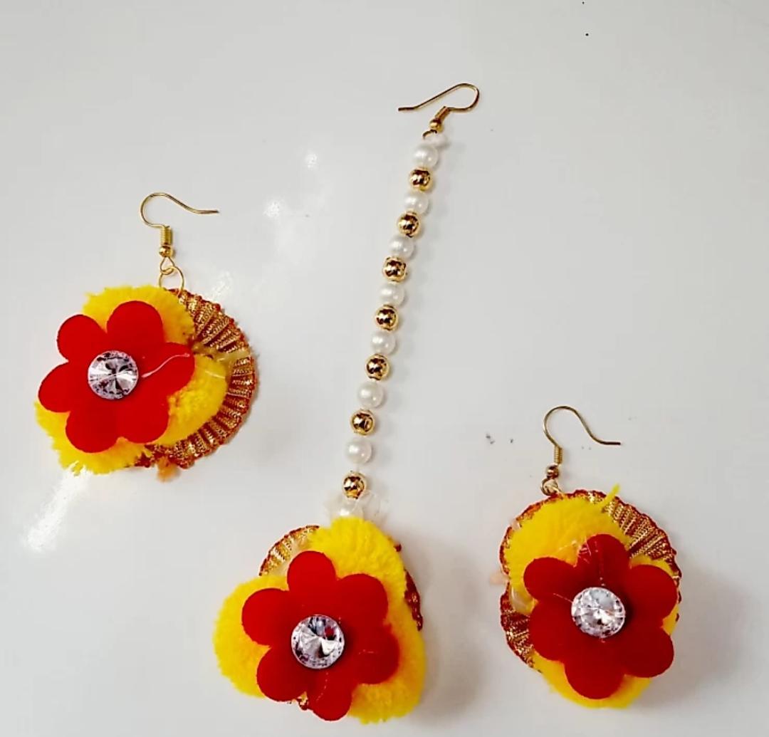 Lamansh Flower 🌺 Jewellery 1 Necklace, 2 Earrings ,1 Maangtika & 2 Bracelets set / Yellow-Red LAMANSH® Handmade Flower Jewellery Set For Women & Girls / Haldi Set