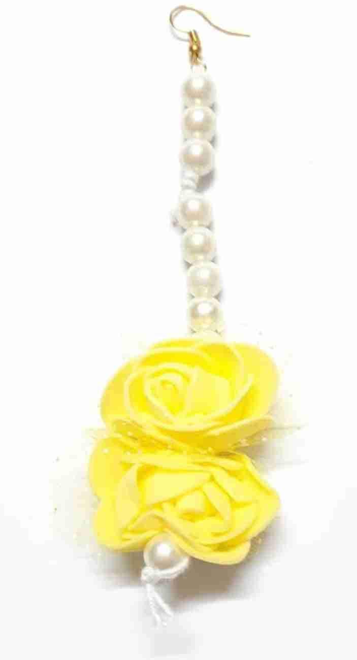 Lamansh Flower 🌺 Jewellery 1 Necklace, 2 Earrings ,1 Maangtika & 2 Bracelets set / Yellow-White LAMANSH® Handmade Flower Jewellery Set For Women & Girls / Haldi Set