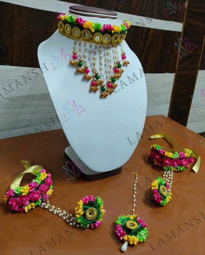 Lamansh Flower Jewellery 1 Necklace , 2 Earrings , 1 Maangtika & 2 Hathphools / Rainbow LAMANSH® Flower 🌺 Jewellery Set / Special Mirror Collection / Perfect Bridal Set
