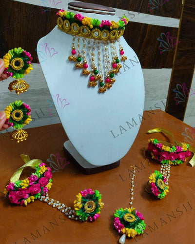 Lamansh Flower Jewellery 1 Necklace , 2 Earrings , 1 Maangtika & 2 Hathphools / Rainbow LAMANSH® Flower 🌺 Jewellery Set / Special Mirror Collection / Perfect Bridal Set