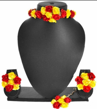 Lamansh Flower 🌺 Jewellery 1 Necklace, 2 Earrings ,1 Maangtika / Red - yellow LAMANSH® Handmade Flower Jewellery Set For Women & Girls / Haldi Set