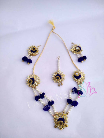 Lamansh Flower 🌺 Jewellery 1 Necklace, 2 Earrings & 1 Maangtika set / Dark Blue - Gold LAMANSH® Pearl Handmade Gota Jewellery Set For Women & Girls / Haldi Set