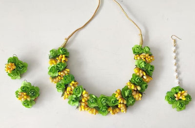 Lamansh Flower 🌺 Jewellery 1 Necklace, 2  Earrings & 1 Maangtika set / Green-Yellow LAMANSH® Artificial Flower Jewellery Set For Women & Girls / Haldi Set