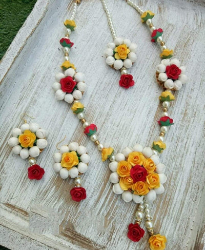 Lamansh Flower Jewellery 1 Necklace, 2 Earrings,1 Maangtika set / Multicolor LAMANSH® Special Haldi 🌺 Jewellery Set