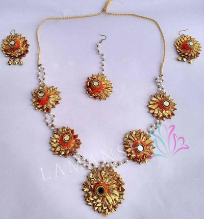Lamansh Flower 🌺 Jewellery 1 Necklace, 2 Earrings & 1 Maangtika set / Orange - Gold LAMANSH® Pearl Handmade Gota Jewellery Set For Women & Girls / Haldi Set