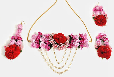 Lamansh Flower🌺🌻🌹🌷 jewellery 1 Necklace, 2 Earrings & 1 Maangtika set / Pink LAMANSH® Handmade Baby Shower Flower Jewellery Set For Women & Girls / Haldi Set
