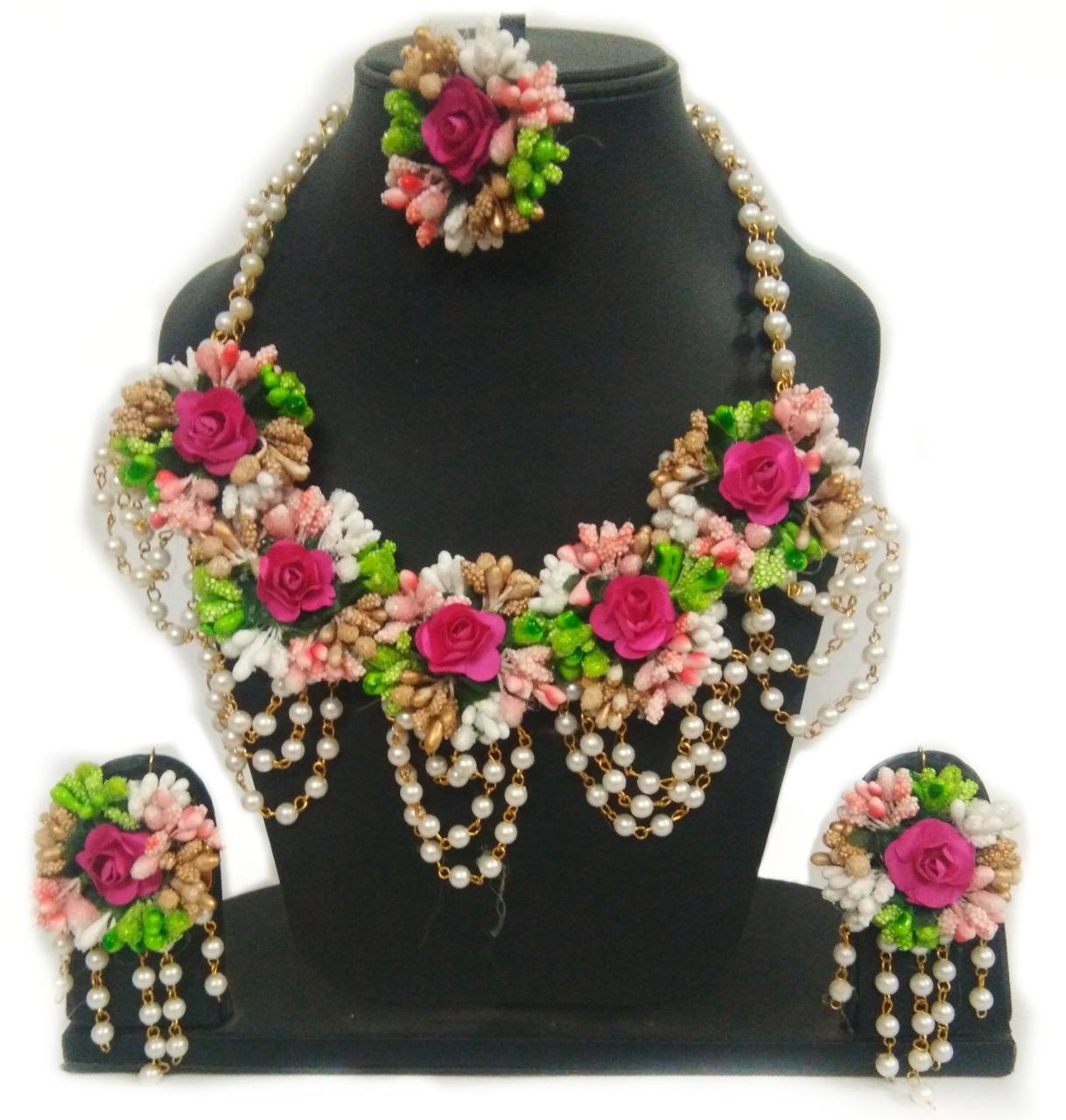 Lamansh Flower 🌺 Jewellery 1 Necklace, 2 Earrings & 1 Maangtika set / Pink - Peach-White-Green LAMANSH® Handmade Flower Jewellery Set For Women & Girls / Haldi Set