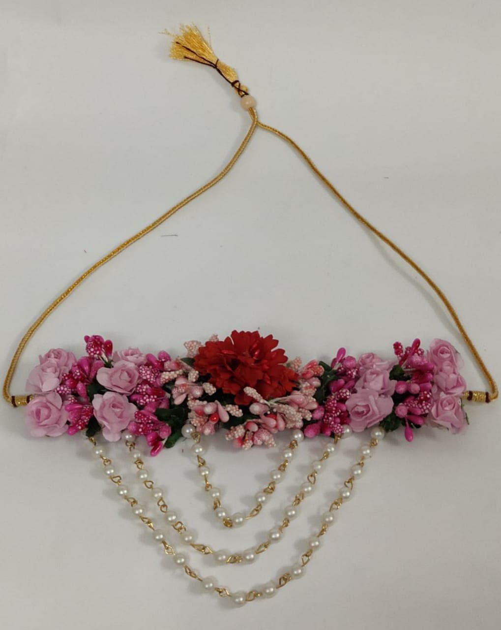 Lamansh Flower Jewellery 1 Necklace, 2 Earrings & 1 Maangtika set / Pink-red LAMANSH® Special Floral 🌺 Jewellery Set