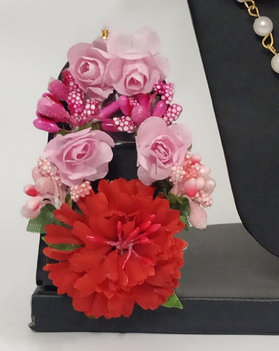 Lamansh Flower Jewellery 1 Necklace, 2 Earrings & 1 Maangtika set / Pink-red LAMANSH® Special Floral 🌺 Jewellery Set