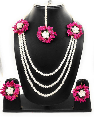 Lamansh Flower 🌺 Jewellery 1 Necklace, 2 Earrings ,1 Maangtika set / Pink-White LAMANSH® Handmade Flower Jewellery Set For Women & Girls / Haldi Set
