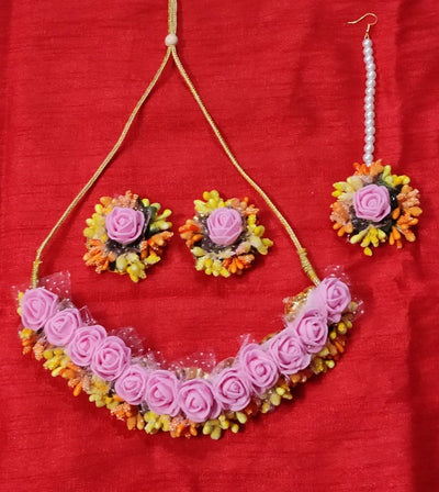 Lamansh Flower🌺🌻🌹🌷 jewellery 1 Necklace, 2 Earrings & 1 Maangtika set / Pink-yellow-Orange LAMANSH® Handmade Baby Shower Flower Jewellery Set For Women & Girls / Haldi Set