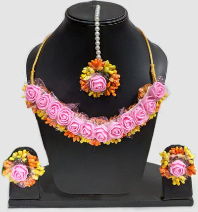 Lamansh Flower🌺🌻🌹🌷 jewellery 1 Necklace, 2 Earrings & 1 Maangtika set / Pink-yellow-Orange LAMANSH® Handmade Baby Shower Flower Jewellery Set For Women & Girls / Haldi Set