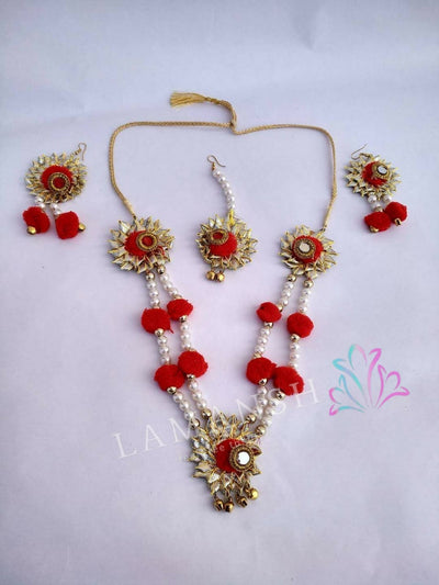 Lamansh Flower 🌺 Jewellery 1 Necklace, 2 Earrings & 1 Maangtika set / Red - Gold LAMANSH® Pearl Handmade Gota Jewellery Set For Women & Girls / Haldi Set