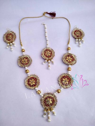 Lamansh Flower 🌺 Jewellery 1 Necklace, 2 Earrings & 1 Maangtika set / Red - Gold LAMANSH® Pearl Handmade Gota Jewellery Set For Women & Girls / Haldi Set