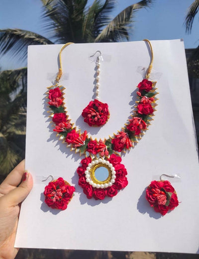 Lamansh Flower 🌺 Jewellery 1 Necklace, 2  Earrings ,1 Maangtika set / Red LAMANSH® Handmade Flower Jewellery Set For Women & Girls / Haldi Set